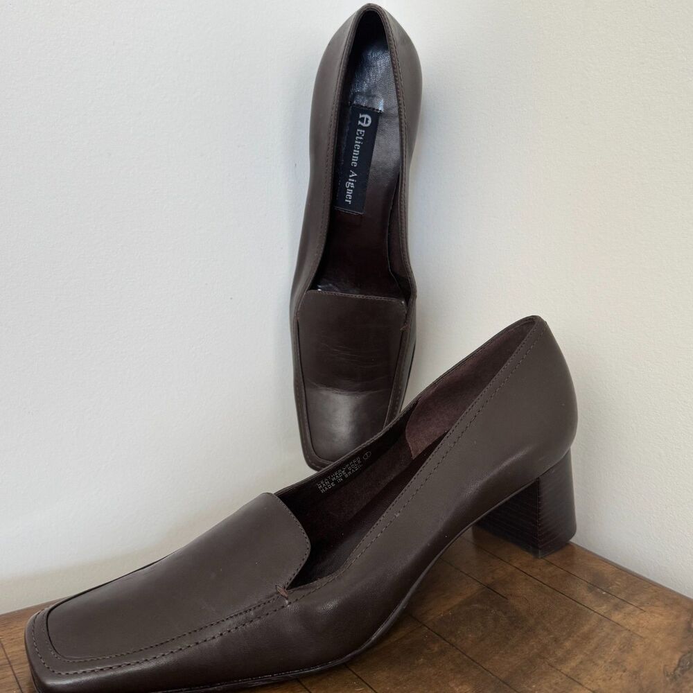 Etienne Aigner Brown Leather Pumps Block Heel Career Office Comfort Shoes 9M